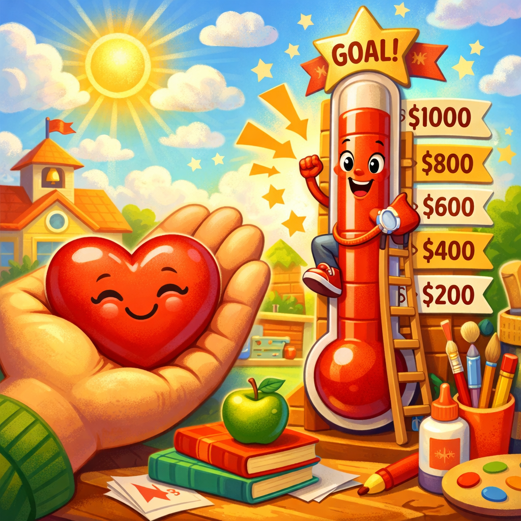 Create a vibrant cartoony scene depicting a whimsical heart cradled gently in a large friendly hand Beside this a cheerful thermometer climbs enthusia