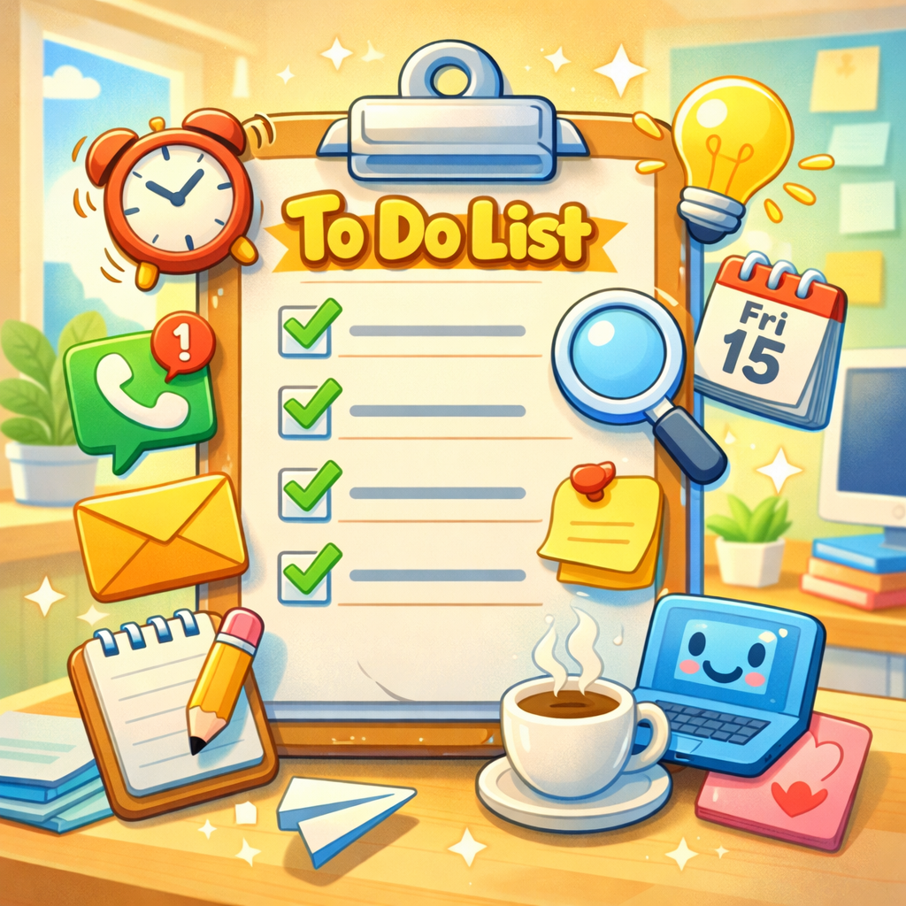 Imagine a vibrant cartoonstyle checklist or clipboard overflowing with colorful icons representing various tasks and reminders Set against a cheerful