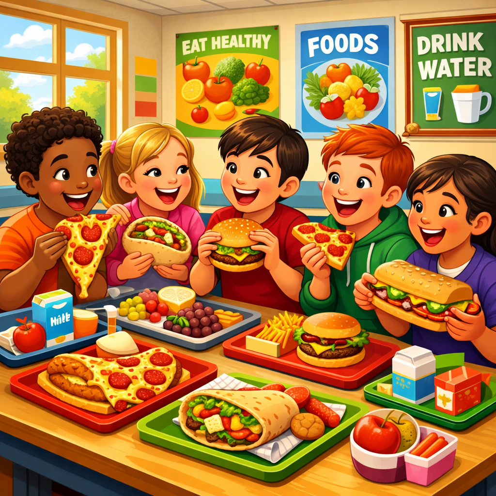 In a vibrant cartoonstyle classroom a diverse group of joyful students eagerly gather around a colorful lunch table filled with delicious meals Bright-2