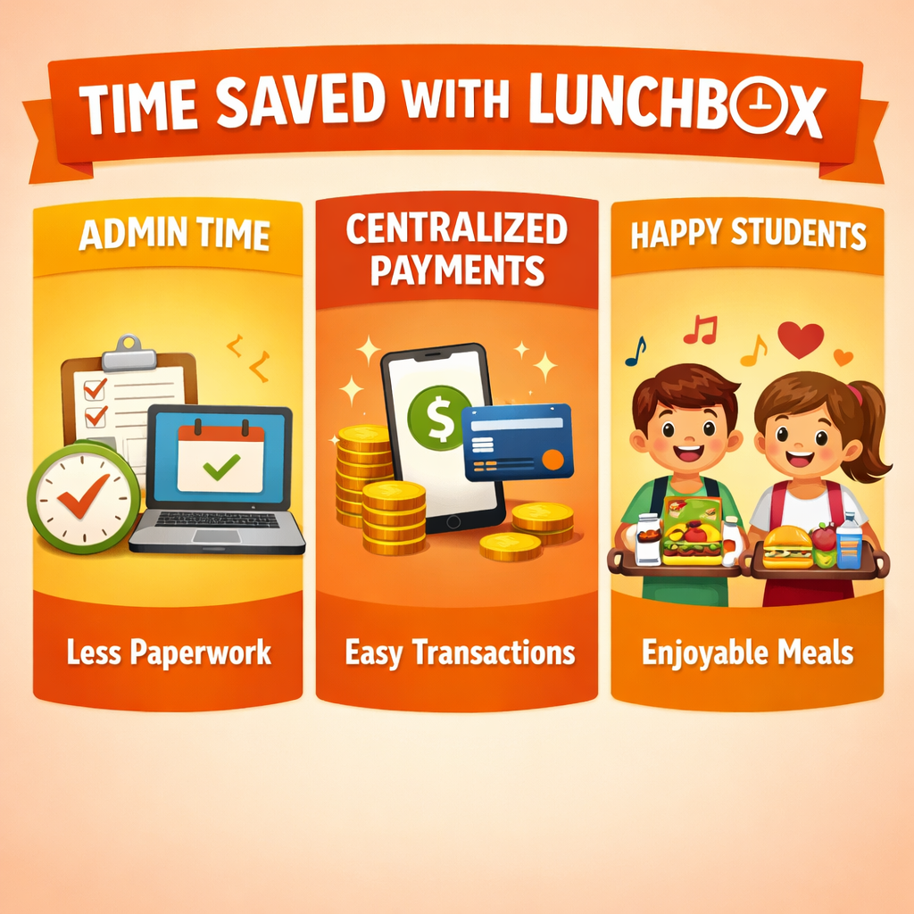 Hero Create an engaging infographic illustrating the time saved with Lunchbox featuring three distinct columns dedicated to Admin Time Centralized Pay-3