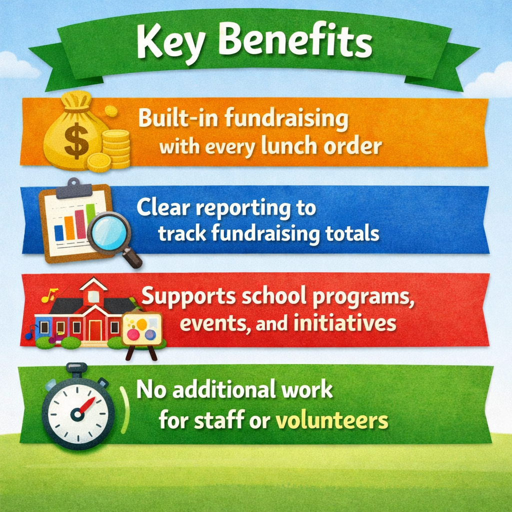 a small infographic showing Key Benefits Builtin fundraising with every lunch order Clear reporting to track fundraising totals Supports school progra-1