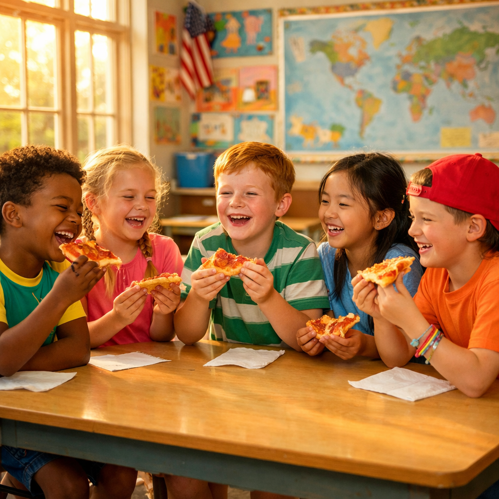 by warm golden sunlight streaming through the large windows The classroom is adorned with colorful artwork and maps creating a lively backdrop In this-Jan-29-2026-08-06-41-6746-PM