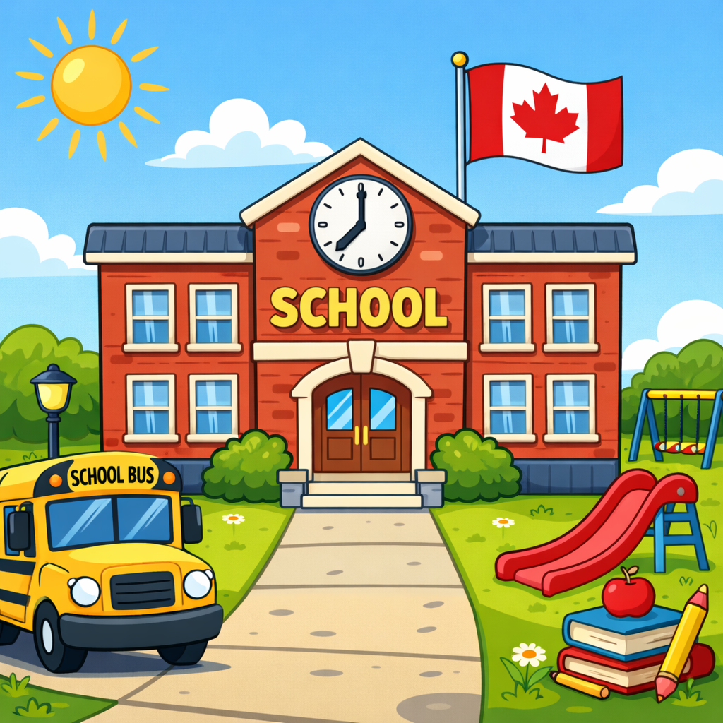 cartoony image of school remove american flag replace with canadian flag