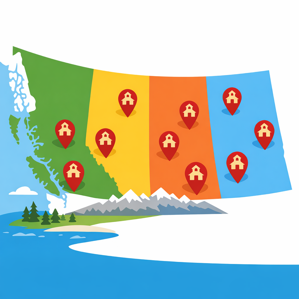 Simple flat illustration of Western Canada provinces with school location markers