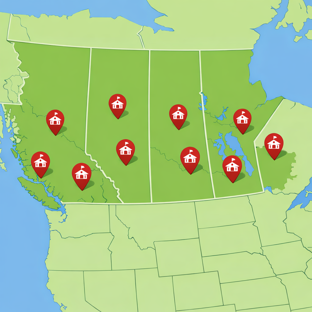 Clean illustration of Western Canada provinces with school pin-drop icons marking major hubs across BC, Alberta, Saskatchewan, and Manitoba